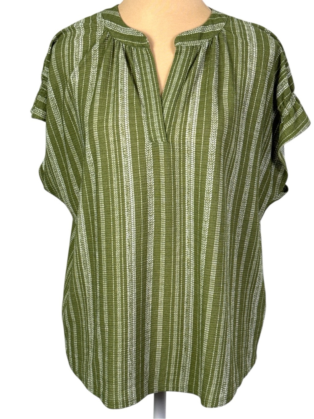 Vivid Aura Olive Green Striped Split-Neck Blouse Size Large